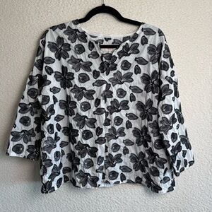 Manuelle Guibal Women’s Cotton White Black Embroidered‎ Floral Blouse Size 1